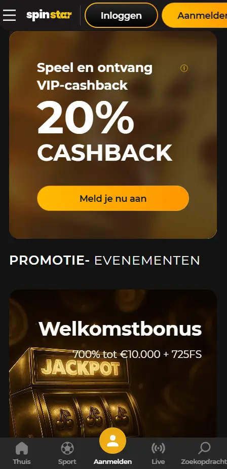 Bonuspagina van SpinStar met een VIP-cashback van 20%, een 'Meld je nu aan'-knop en een promotiesectie met een welkomstbonus van 700% tot €10.000 + 725 FS tegen een achtergrond van een gouden jackpotmachine