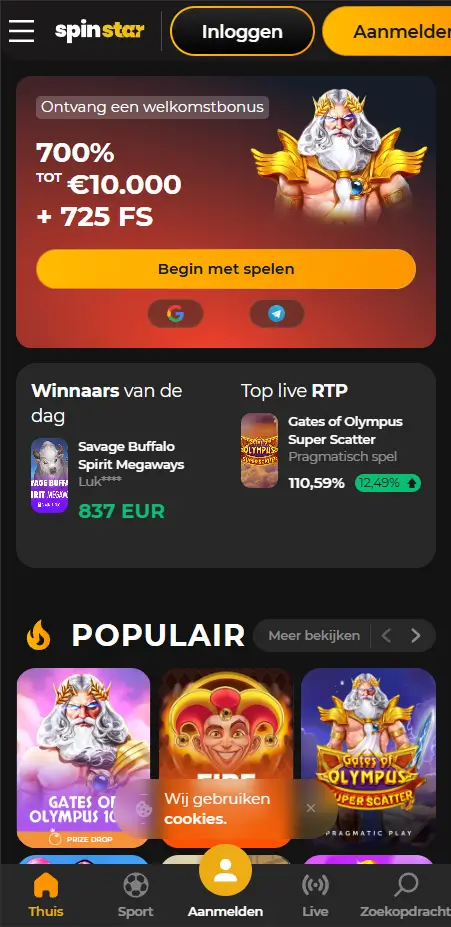 Startpagina van SpinStar mobiel casino met een welkomstbonusbanner van 700% tot €10.000 + 725 FS, een 'Begin met spelen'-knop, een dagelijkse winnaarsblok met een winst van 837 EUR en een sectie met populaire spellen
