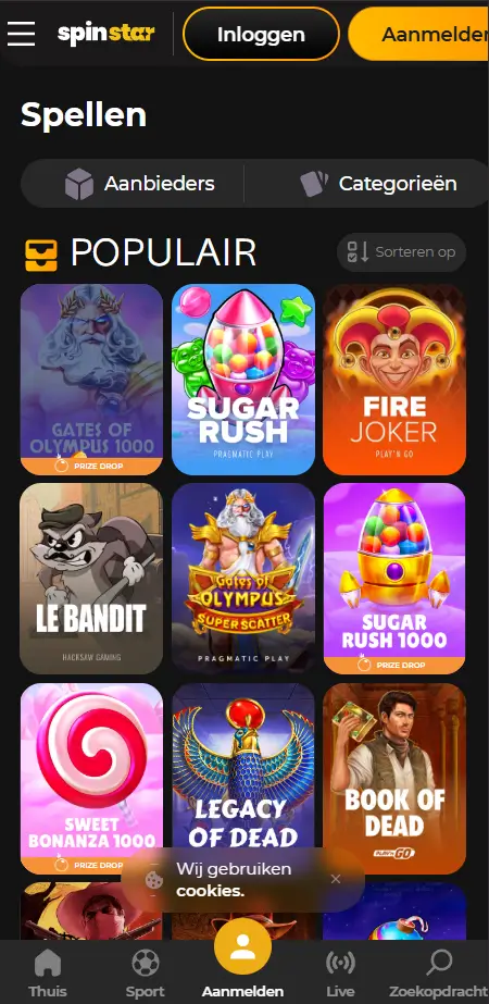 Startpagina van SpinStar mobiel casino met een welkomstbonusbanner van 700% tot €10.000 + 725 FS, een 'Begin met spelen'-knop, een dagelijkse winnaarsblok met een winst van 837 EUR en een sectie met populaire spellen